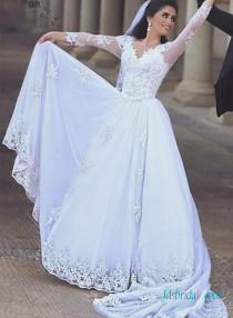 wedding photo -  Romance white chiffon lace detailed long sleeves wedding dress