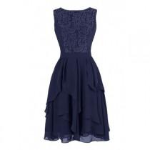 wedding photo -  Exquisite A-line Knee Length Chiffon Navy Short Bridesmaid Dress with Lace