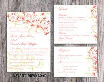wedding photo -  DIY Wedding Invitation Template Set Editable Word File Download Printable Invitation Elegant Coral Invitations Green Floral Invitation