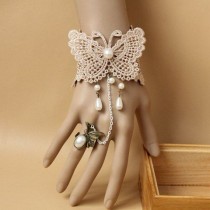 wedding photo - Trendy Faux Pearl Pendant Lace Butterfly Pattern Bracelet With A Ring For Women