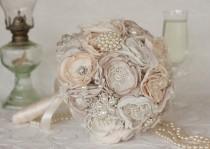 wedding photo - Vintage Inspired Fabric Flower Bouquet, Lace Bridal Bouquet, Ivory, Cream and Champagne Brooch Wedding Bouquet
