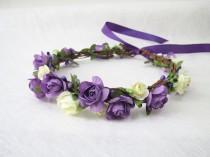 wedding photo - Wedding Floral Crown, Ivory Purple Flower Headband, Floral Head Wreath, Wedding Headband, Bridesmaid Floral Crown, Flower Girls Floral Crown