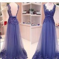 wedding photo -  Classic A-Line Sweetheart Sweep Train Tulle Backless Purple Evening/Prom Dress With Appliques