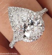 wedding photo - D Color! HIGHEST COLOR! GIA 2.70ct Estate Vintage Pear Diamond Halo Engagement Wedding Platinum Ring