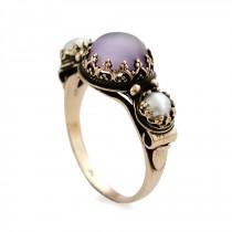 wedding photo - Purple Gold Victorian ring, Handmade gold ring, Matte Purple and Pearls Engagement ring, 14K Rose Gold, large gemstone ring, Multistone ring