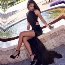 wedding photo -  Sexy Halter Split Long Black Backless Lace Prom Evening Dress from Tidetell