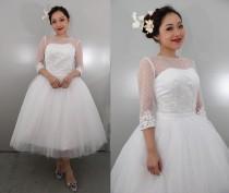 wedding photo - 50shouse_ retro feel polka dots tulle with lace 3/4 lace sleeves tea wedding dress_ custom make