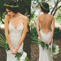 wedding photo -  High Quality V-neck Sheath Wedding Dress with Court Train Backless Spagnetti Straps