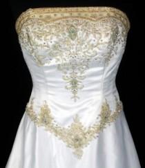 wedding photo - VICTORIAN Crystal Bead Sequin JEWELED Strapless Boned Bodice White Satin Gold EMBROIDERY Ivory Ruffle Pleat Chapel Train Wedding Gown Dress