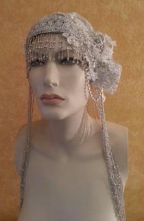 wedding photo - Gatsby 20's  Flapper Waterfall Beaded Lace Crystal Flapper Headpiece Hat Bridal Wedding Costume Party Theatrical Burlesque / More Colors