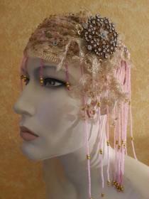 wedding photo - Gatsby 20's Pink & Gold Waterfall Bead Crystal Brooch Sequin Lace Flapper Headpiece Hat Bridal Wedding Costume Party Theatrical Burlesque