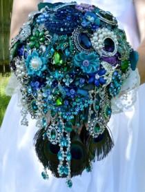 wedding photo - FULL PRICE CUSTOM Made Peacock Cascading Bridal Brooch Bouquet Peacock Feathers Cascade Teal Turquoise Blue Green Pearl Purple