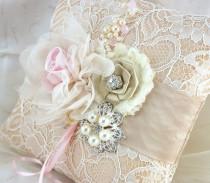 wedding photo - Ring Bearer Pillow, Champagne, Tan, Beige, Pink, Ivory, Elegant Wedding, Bridal, Lace, Crystals, Brooch, Pearls, Vintage Style