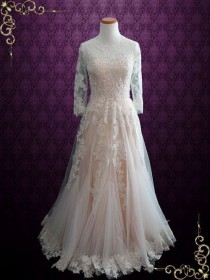 wedding photo - Modest Blush Lace Wedding Dress With Long Sleeves 