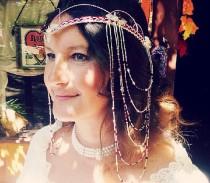 wedding photo - Faerie Queen Headdress Tiara Beaded Hair Chain Tribal Dance Head Piece Boho Wedding Hair Jewelry  in Custom Colors