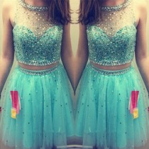 wedding photo -  Luxurious Knee Length A-Line Scoop Two Piece Mint Homecoming/Party Dress With Beaded