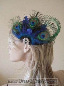 wedding photo - Bridal Peacock Feathers and Crystal Brooch Blue Green Clip Fascinator MNB110 - 4 Days to Make - Wedding Party Accessory Ideas - Bridesmaid