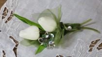 wedding photo - Brooch Boutonniere Real Touch White Tulip Green Gem Grooms Bout Moss 1940s  Vintage Velvet  Buttonhole Usher boutonniere Prom bout
