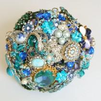 wedding photo - BLUE Bridal BROOCH BOUQUET, Wedding Brooch Bouquet, Vintage style heirloom with pearls, jewels