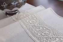 wedding photo -  natural linen table runner, wedding, rustic table runner, ivory lace, rustic chic