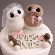 wedding photo - Love Birds Wedding Cake Topper Beige and Pink Wedding Bride and Groom Needle Felted Birds