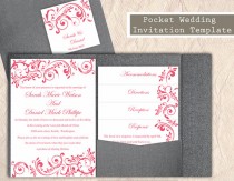 wedding photo - Pocket Wedding Invitation Template Set DIY Instant Download EDITABLE Word File Pink Invitation Printable Elegant Fuchsia Wedding Invitations