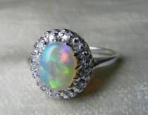 wedding photo - Opal Engagement Ring 14K Opal Diamond Halo Ring Opal Ring Diamond Halo Engagement Ring October Birthstone