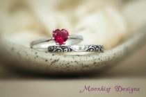 wedding photo - Ruby Heart Solitaire Wedding Set in Sterling - Silver Solitaire Set with Smoke Swirl Notched Band - Sweetheart Ring Set