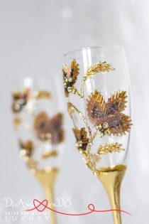 wedding photo -  Autumn wedding, champagne flutes, rhinestone, gold and bronze, toasting glasses, leaf wedding, gift ideas, maple glasses, crystal, 2 pcs