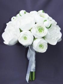 wedding photo - Clay wedding bouquet and boutonniere set, Bridal bouquet, White peonies and ranunculus, Natural look bouquet