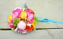 wedding photo - Brightly Colored Eclectic Bouquet with Real Touch Peonies, Orange and Yellow Ranunculus, Peony Buds, Green Wildflowers