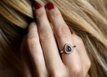 wedding photo - Grey Diamond Ring, Pear Diamond Engagement Ring, Halo Diamond Ring, Halo Pear Diamond Ring, Rose Cut Diamond Ring, Grey Rose Cut Diamond
