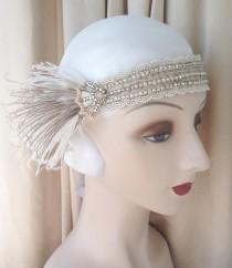 wedding photo - 1920s headdress edwardian headband rhinestone web headpiece art nouveau with ivory and brown feathers-Natalia-made to order