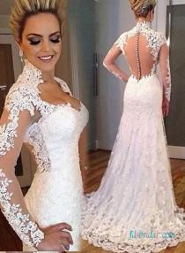 wedding photo - Sexy sheer tulle back plunging lace trumpet wedding dress