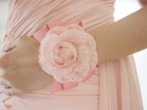 wedding photo - Make to order: Stunning Shabby Chic Creamy Pink Rose Bridesmaid Wrist Corsages, Wrist Bracelets, Groomsman Boutonnieres