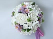 wedding photo - Clay wedding bouquet and boutonniere set, Bridal bouquet, White tuberoses and Violet freesias , Natural look bouquet