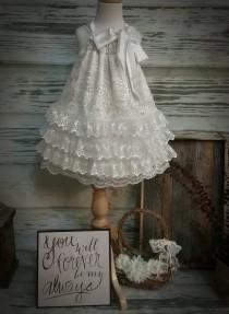 wedding photo - Free Shipping to USA Custom Made Multi Tiered Drop Waist Ivory Lace Flower Girl Dress, Rustic-County  Ivory  Lace Flower Girl Dress,