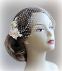 wedding photo - Ivory & Gold Birdcage Veil and Fascinator, Bridal Fascinator and Bird Cage Bandeau Veil with Rhinestones, Pearls, Vintage Style  - JOSETTE