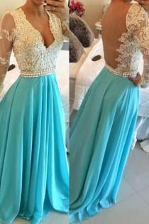 wedding photo -  V-neck Chiffon Blue Backless Prom/Evening Dress With Long Sleeves from Tidetell