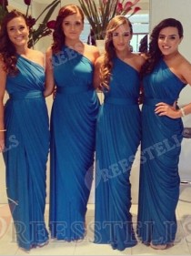 wedding photo -  Sexy Sheath One Shoulder Floor Length Royal Blue Bridesmaid Dress with Ruffles