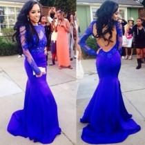 wedding photo -  Sexy Prom Dress -Royal Blue Mermaid Scoop Long Sleeves with Appliques