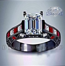 wedding photo - Harley Quinn Inspired Ruby & White Diamond on Black Rhodium or Solid Black Gold Engagement Ring