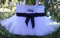 wedding photo - Children's Embroidered Tote Bag-White tote Bag with black ribbon Personalized Tutu Ballet Tote Bag - TB749 - BP
