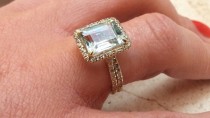 wedding photo - Unique Gold Diamond Aquamarine Engagement Ring and Diamonds Wedding Ring Set Birdal set Jewelry Halo ring classic rings anniversary
