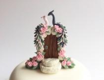 wedding photo - Peacock wedding cake topper in slate grey, blush pink and sage green colours handmade from polymer clay