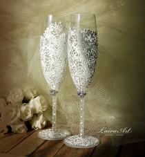 wedding photo -  Wedding Champagne Flutes Wedding Champagne Glasses White Toasting Flutes White Wedding Decoration