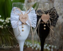 wedding photo -  Rustic Wedding Champagne Flutes Black & White Wedding Champagne Glasses Wedding Toasting Flutes Bride and Groom