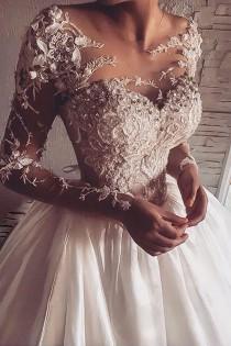 wedding photo -  Goegeous Illusion Jewel Neck Long Sleeves Sweep Train Wedding Dress with Appliques Illusion Back