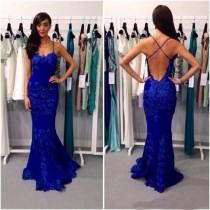 wedding photo -  Mermaid Spaghetti Straps Floor Length Lace Royal Blue Prom Dress With Appliques