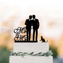 wedding photo - Gay Wedding Cake topper with cat, Cake Toppers with mr and mr, gay silhouette, cake topper for wedding, same sex cake topper